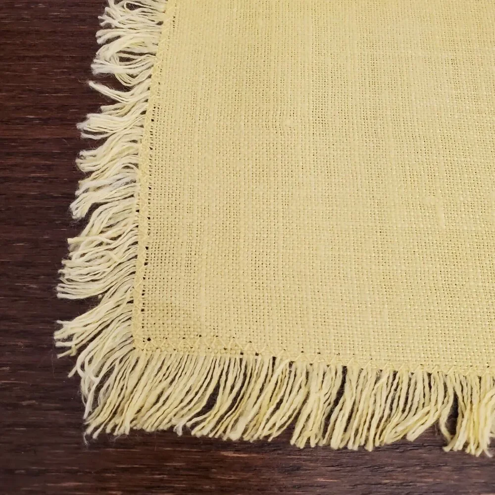 Vintage Set Of‎ 4 Linen Hand Stitched w/ Fringe Yellow Tablecloth Napkins NWOT